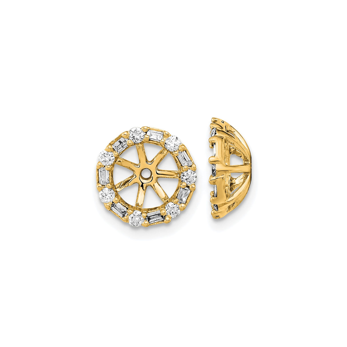 14k Yellow Gold Stud Earrings with Baguette and Round Cubic Zirconia, Modern Halo Circle Design