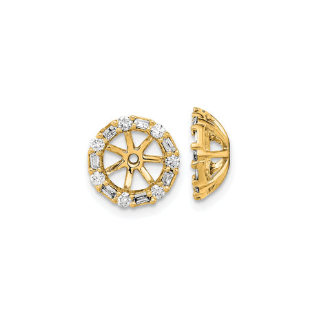 14k Yellow Gold Stud Earrings with Baguette and Round Cubic Zirconia, Modern Halo Circle Design