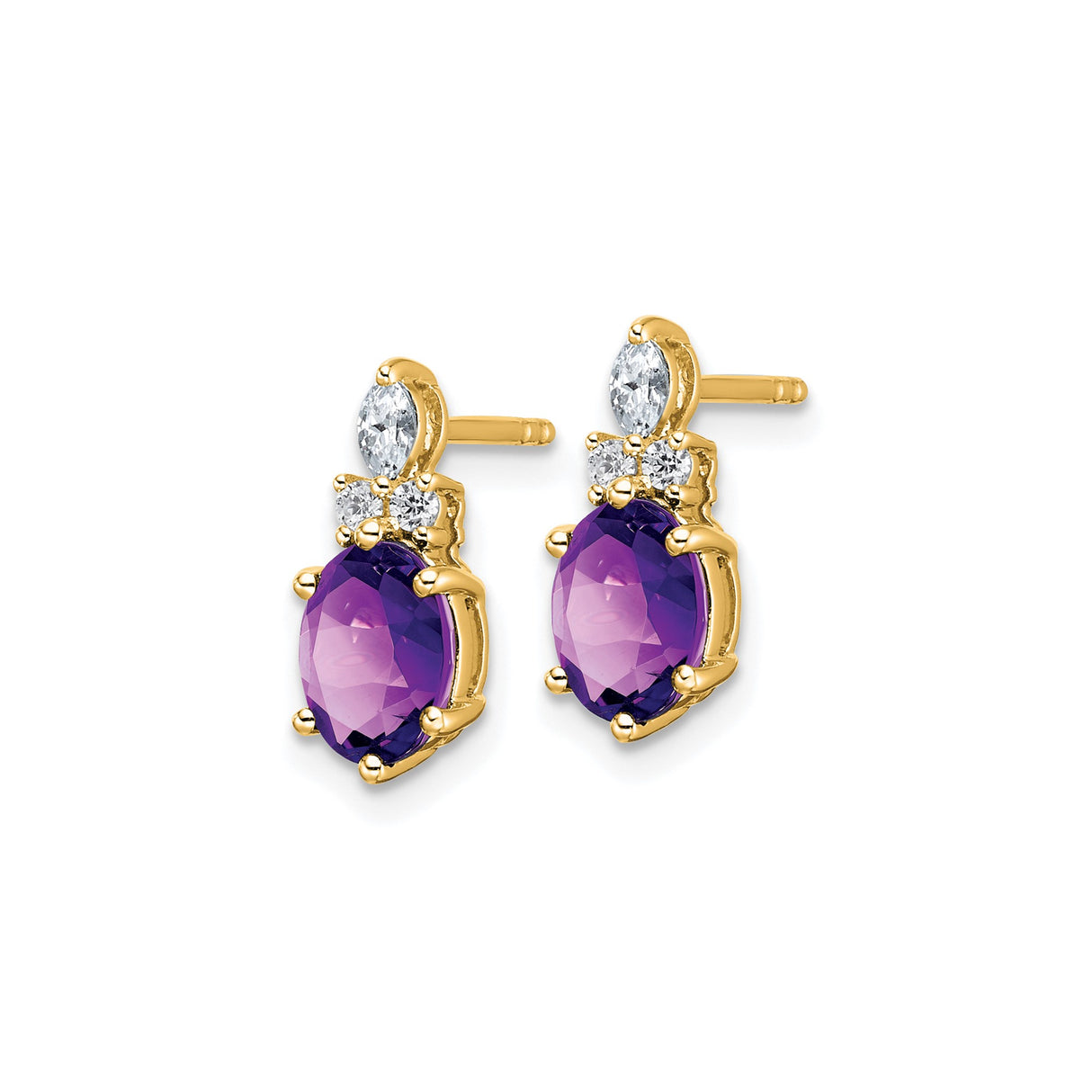 14k Yellow Gold Amethyst Stud Earrings with Marquise and Round Cubic Zirconia Accents