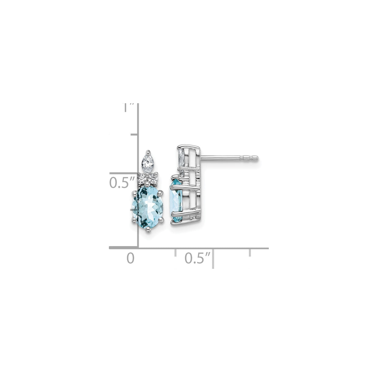 14k White Gold Stud Earrings with Oval Aquamarine and Marquise Diamond Accents
