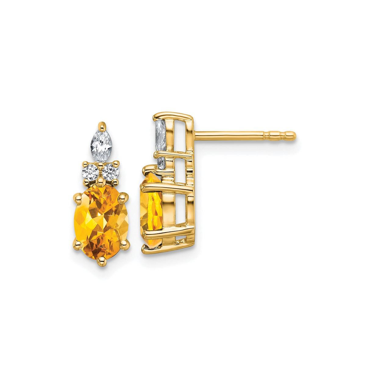 14k Yellow Gold Stud Earrings with Oval Citrine and Diamond Accents, Formal Layered Prong Setting