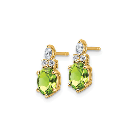 14k Yellow Gold Stud Earrings with Oval Peridot and Diamond Accents, Vertical Drop Design