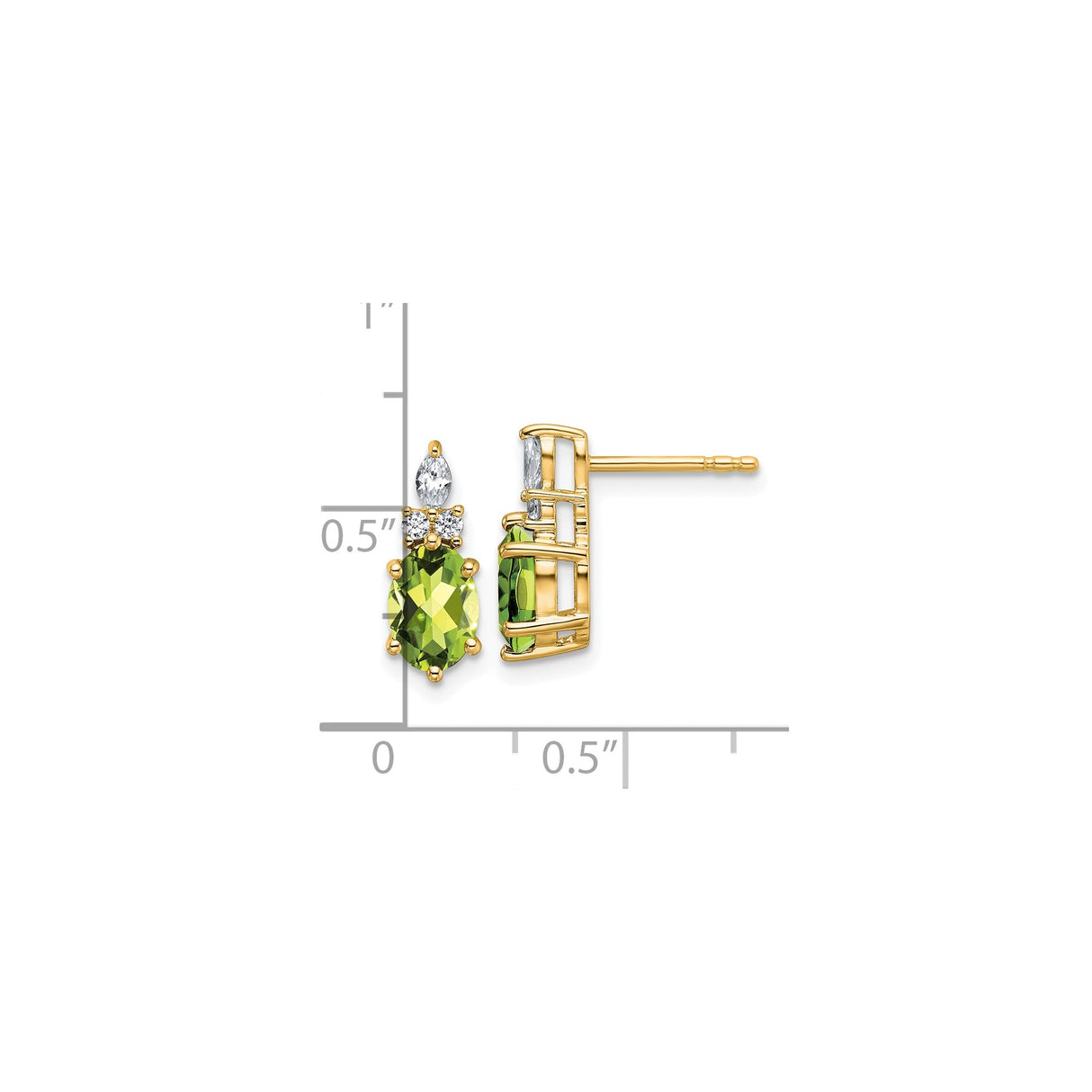 14k Yellow Gold Stud Earrings with Oval Peridot and Diamond Accents, Vertical Drop Design