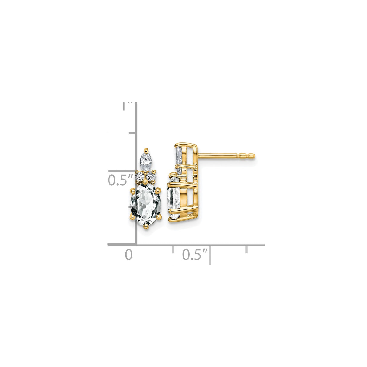 14k Yellow Gold Stud Earrings with White Topaz and Diamond, Triple Gemstone Design