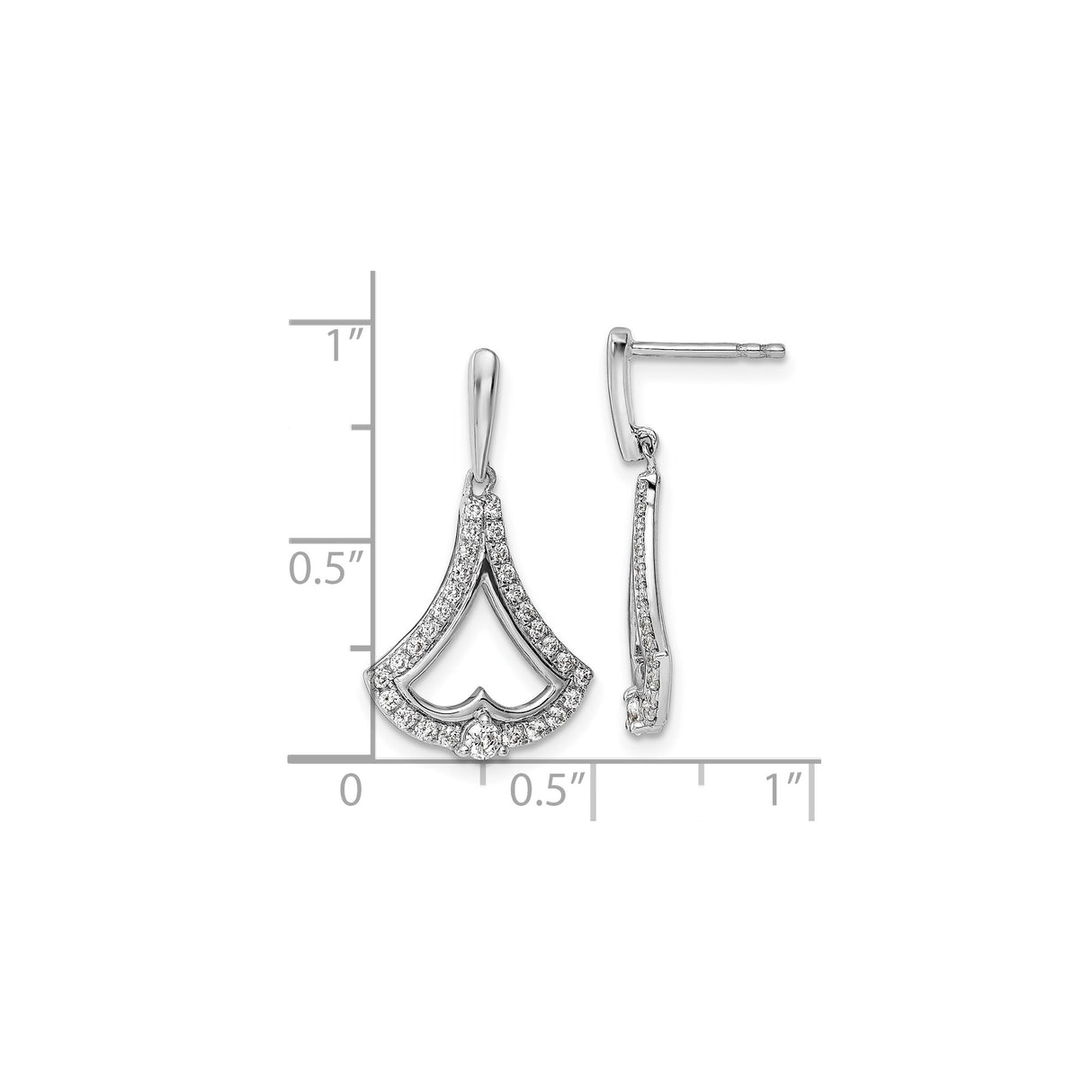 14k White Gold Dangle Earrings with Diamonds, Fan Design, Open Shape Drop Style