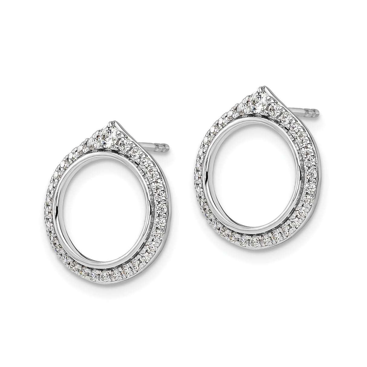 14k White Gold Open Circle Stud Earrings with Pavé-Set Diamonds, Teardrop Top Design