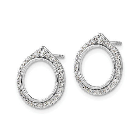 14k White Gold Open Circle Stud Earrings with Pavé-Set Diamonds, Teardrop Top Design