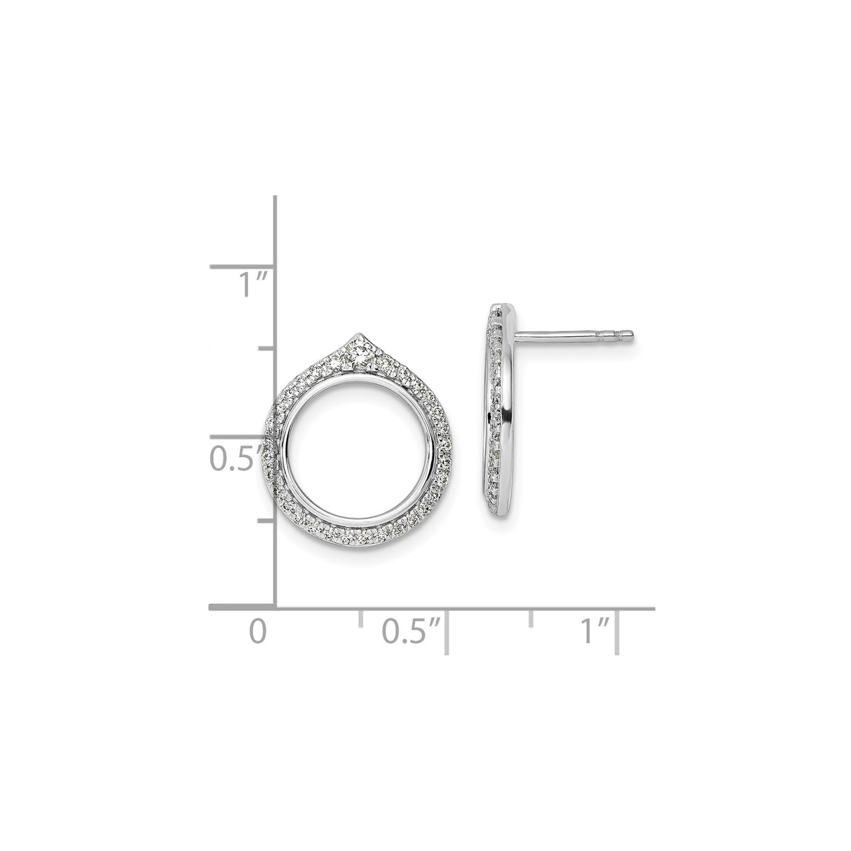 14k White Gold Open Circle Stud Earrings with Pavé-Set Diamonds, Teardrop Top Design