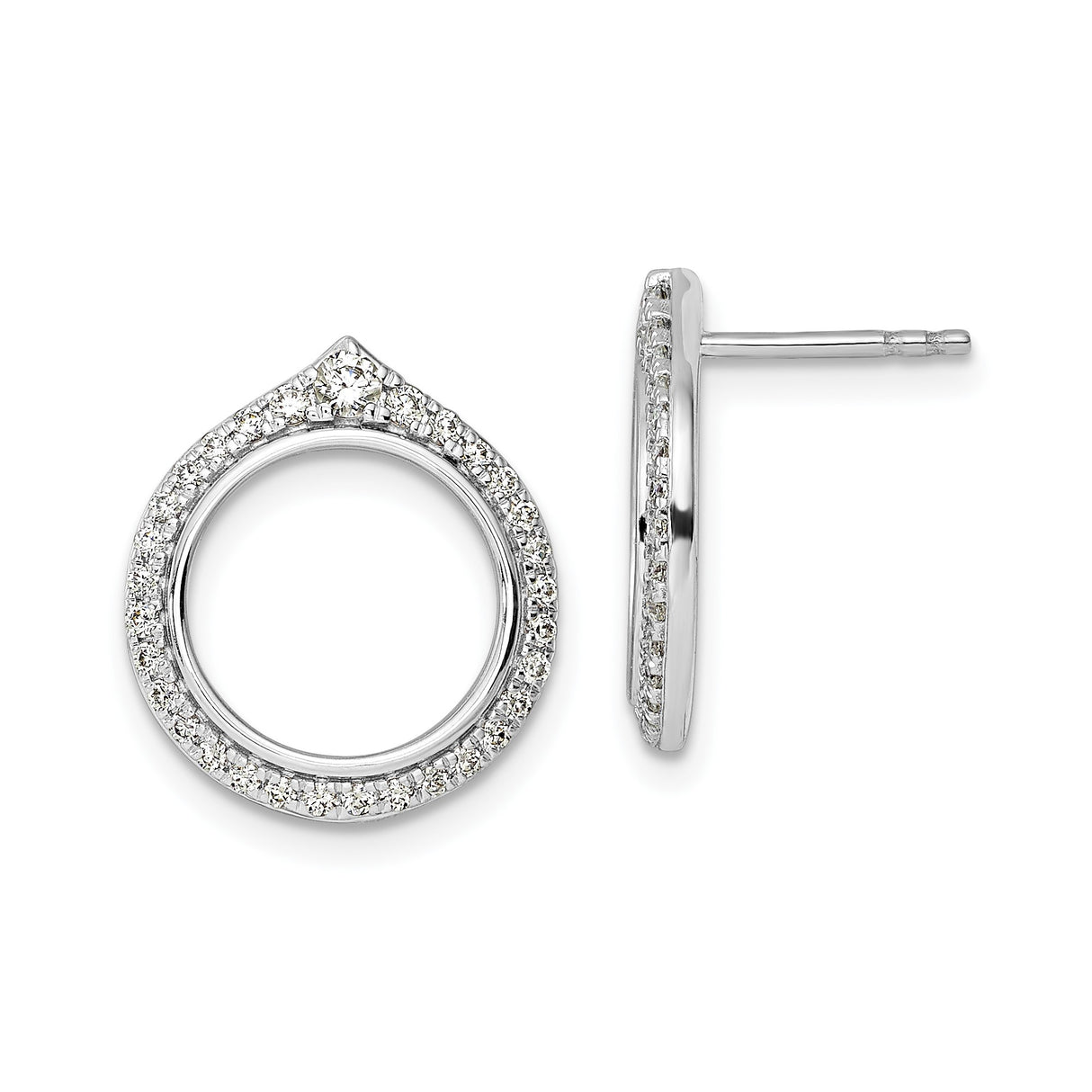 14k White Gold Open Circle Stud Earrings with Pavé-Set Diamonds, Teardrop Top Design