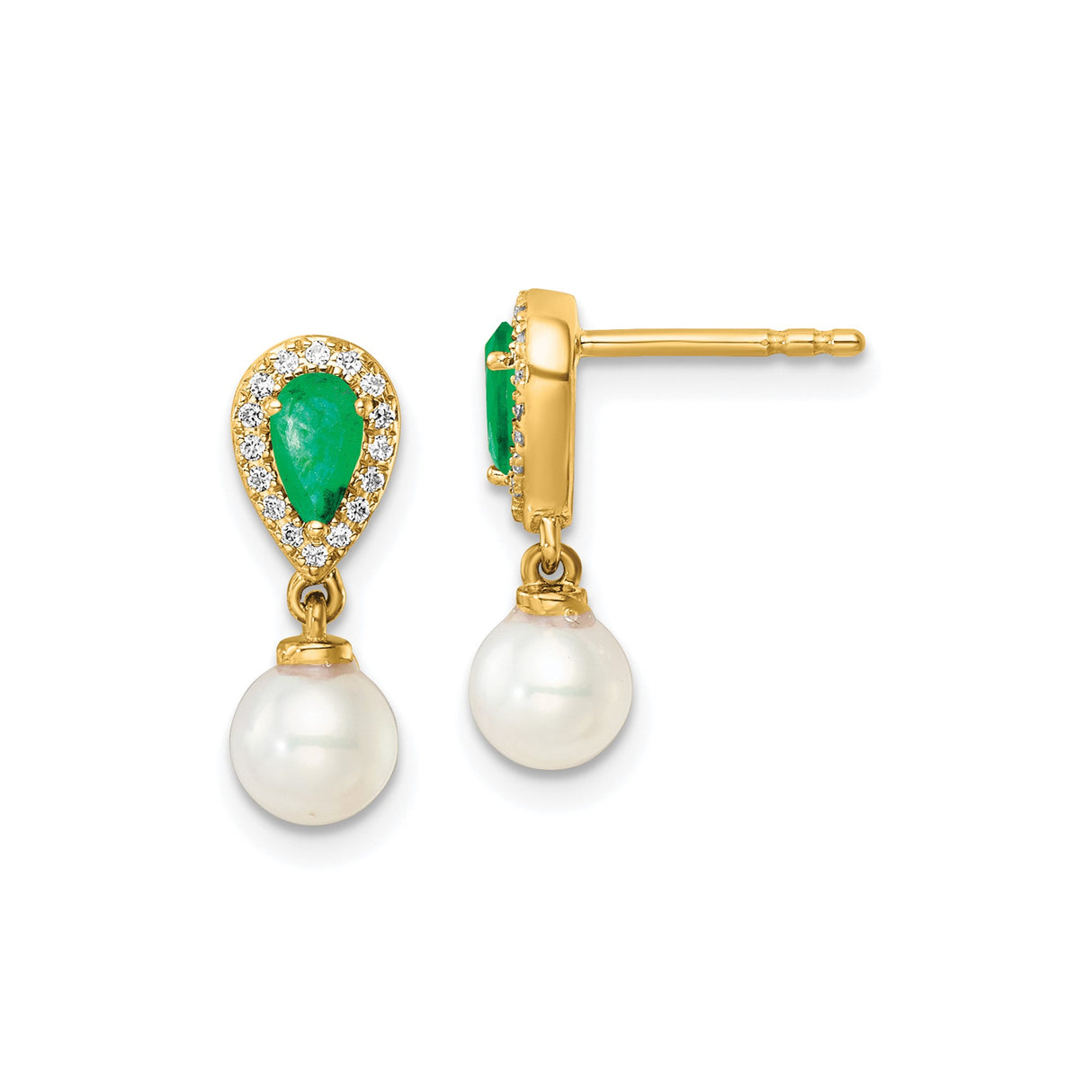 14k Yellow Gold Drop Earrings with Emerald Center and Hanging Pearl, Classic Formal Style