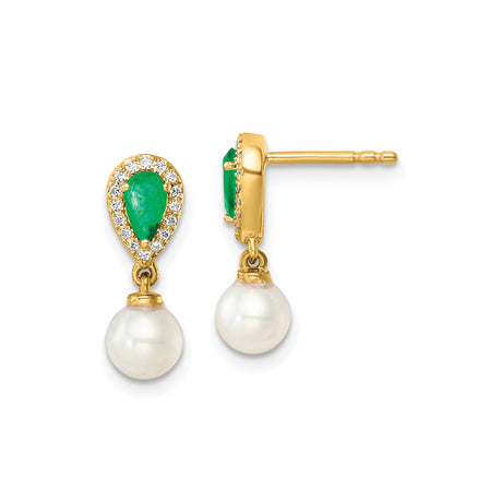 14k Yellow Gold Drop Earrings with Emerald Center and Hanging Pearl, Classic Formal Style