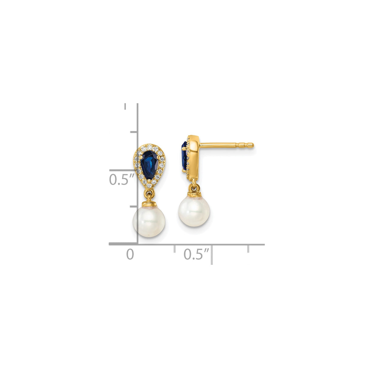 14k Yellow Gold Dangle Earrings with Blue Sapphire, Pearl Accents, Cubic Zirconia Halo