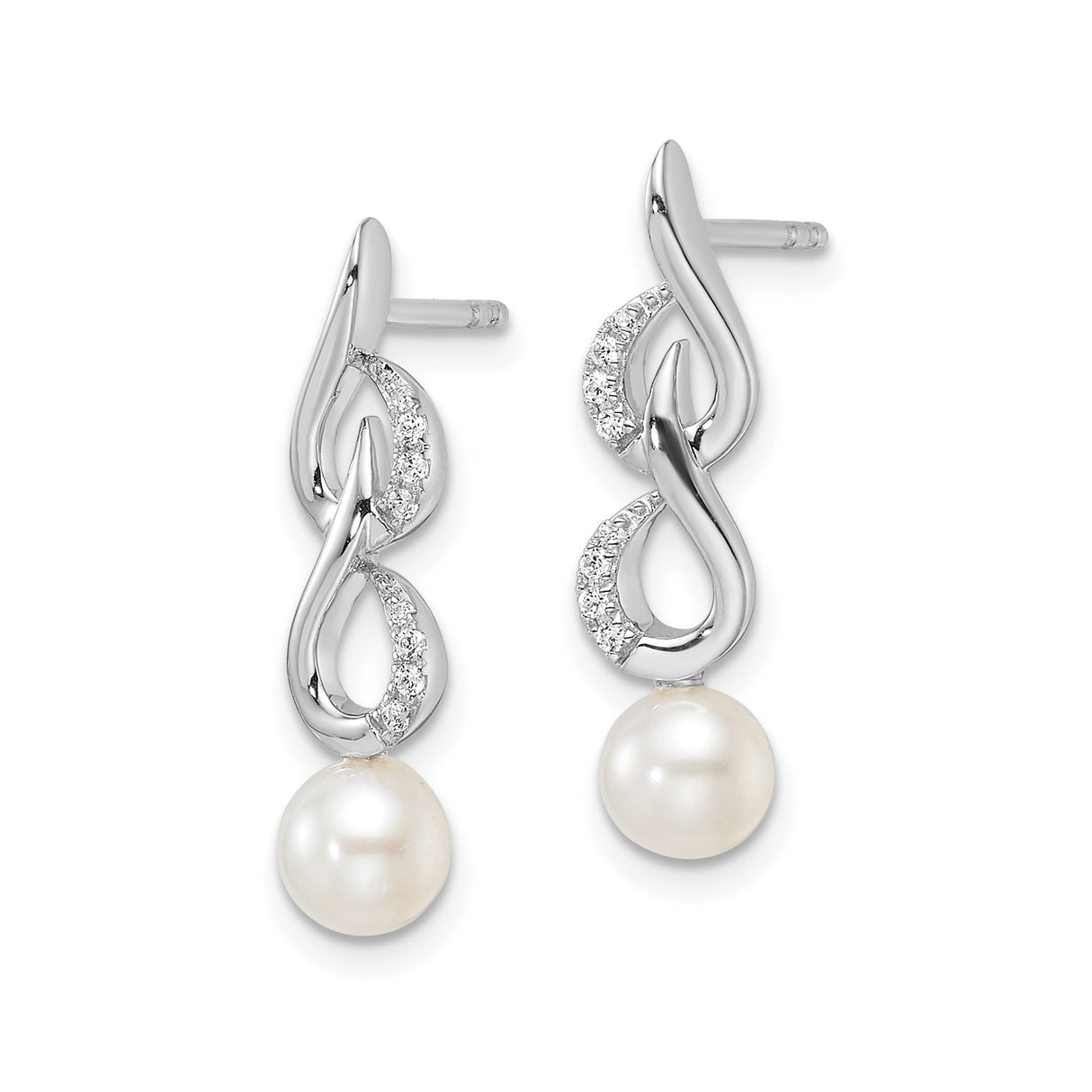 14k White Gold Drop Earrings with Cultured Pearl, Diamond Accents, Twisted Infinity Design