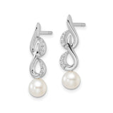 14k White Gold Drop Earrings with Cultured Pearl, Diamond Accents, Twisted Infinity Design