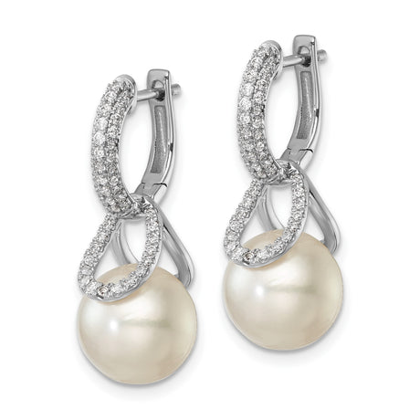 14k White Gold Dangle Earrings with White Pearls and Pavé Diamonds, Teardrop Design
