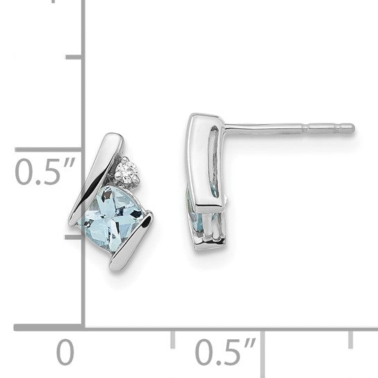 10k White Gold Stud Earrings with Aquamarine and Diamond Accents, Geometric Design