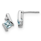 10k White Gold Stud Earrings with Aquamarine and Diamond Accents, Geometric Design