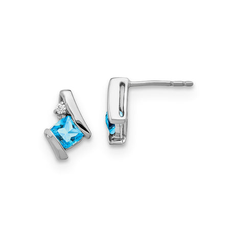 Sterling Silver Stud Earrings with Swiss Blue Topaz, Princess Cut and Modern Design