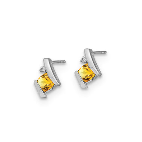 Sterling Silver Stud Earrings with Square Cut Citrine and Clear Accent Stone in Modern Setting