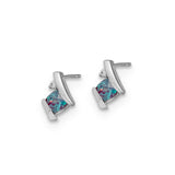 10k White Gold Stud Earrings with Square Cut Created Alexandrite and Diamond Accent, Modern Design