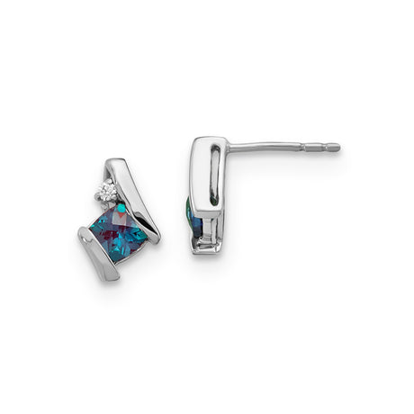 10k White Gold Stud Earrings with Square Cut Created Alexandrite and Diamond Accent, Modern Design