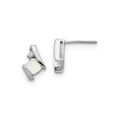 Sterling Silver Stud Earrings with Square Created Opal and Diamond Accent, Modern Minimalist Style