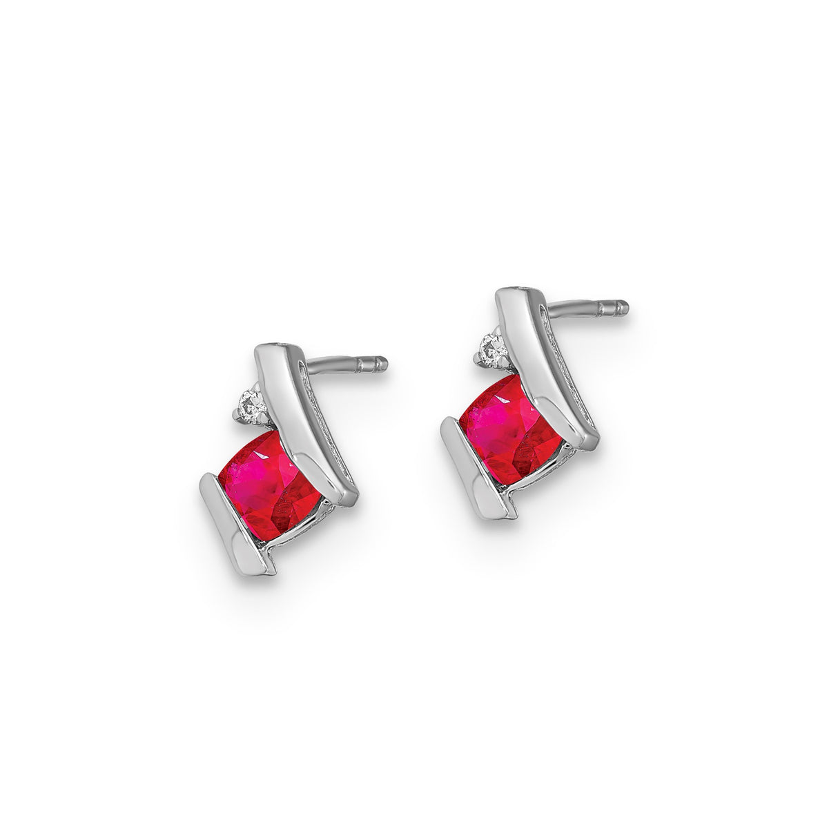 Sterling Silver Stud Earrings with Created Ruby and Clear Accent Stone, Square Cut Minimalist Style