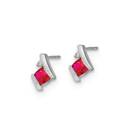 Sterling Silver Stud Earrings with Created Ruby and Clear Accent Stone, Square Cut Minimalist Style