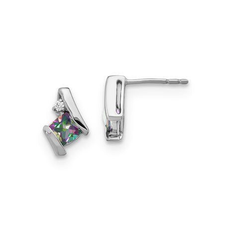 Sterling Silver Stud Earrings with Square Mystic Fire Topaz, Asymmetrical Modern Design