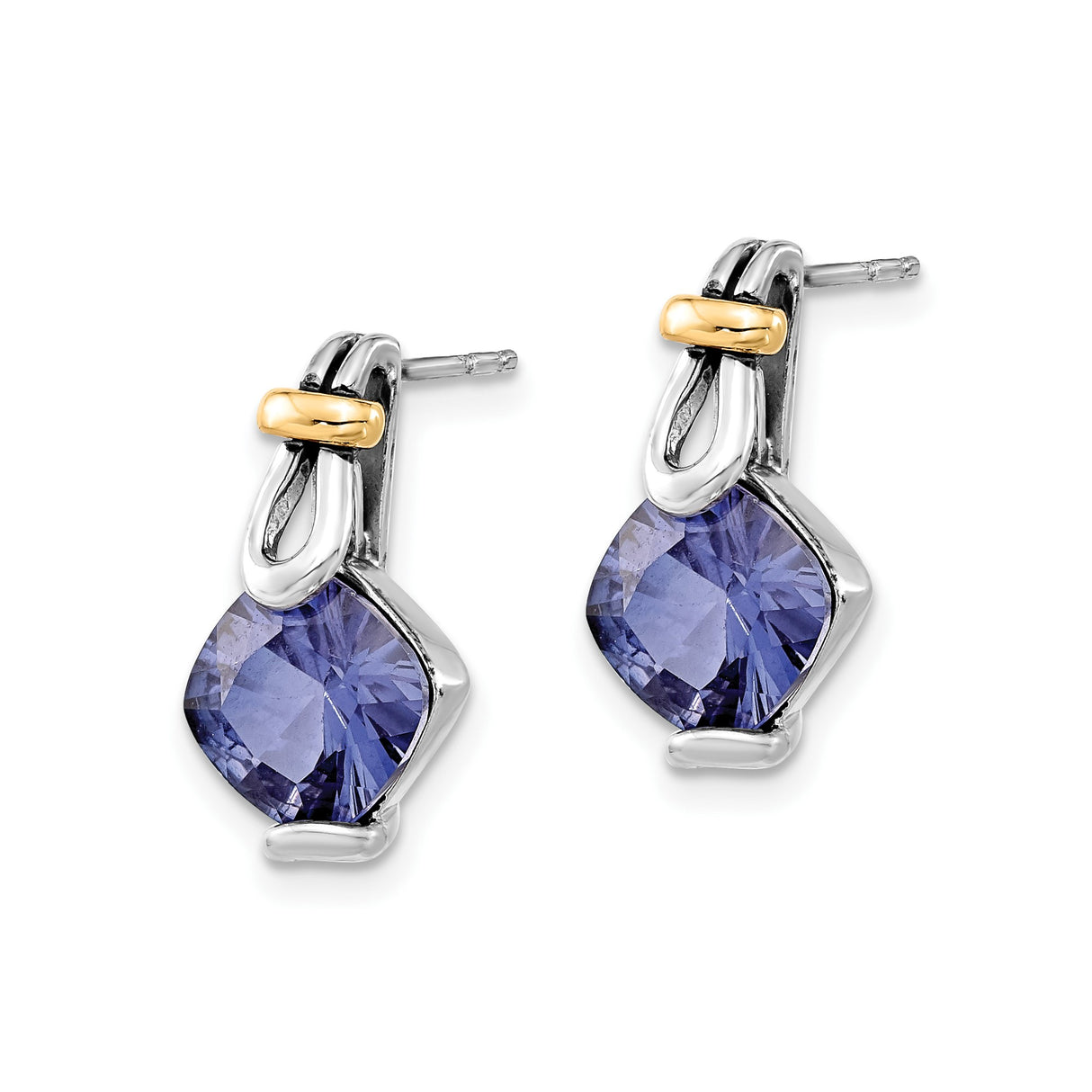 Sterling Silver Dangle Earrings with Cushion Cut Purple Gemstones, Two-Tone Design for Women