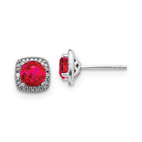 Sterling Silver Stud Earrings with Created Ruby in Cushion Cut Halo Setting