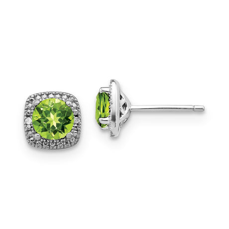 Sterling Silver Stud Earrings with Round Green Peridot Gemstone and Clear Stone Halo in Square Setting, August Birthstone Jewelry for Women, Elegant Design for Daily Wear or Formal Occasions
