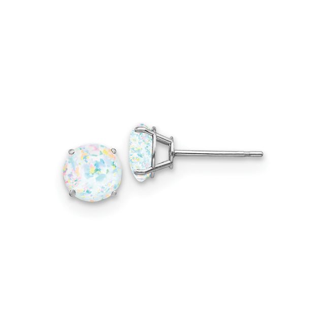 14k White Gold Stud Earrings with Created Opal, Minimalist Multicolor October Birthstone Jewelry