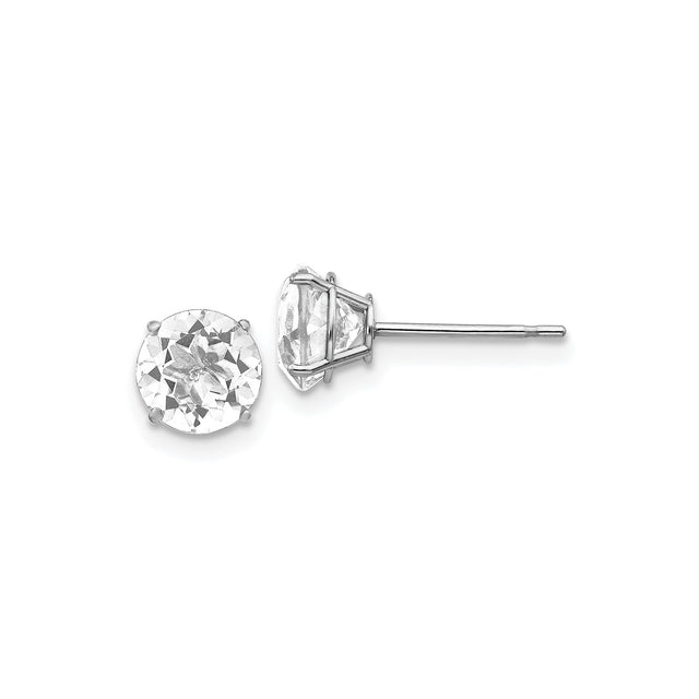 14k White Gold Stud Earrings with White Topaz, Solitaire Minimalist Design for Women