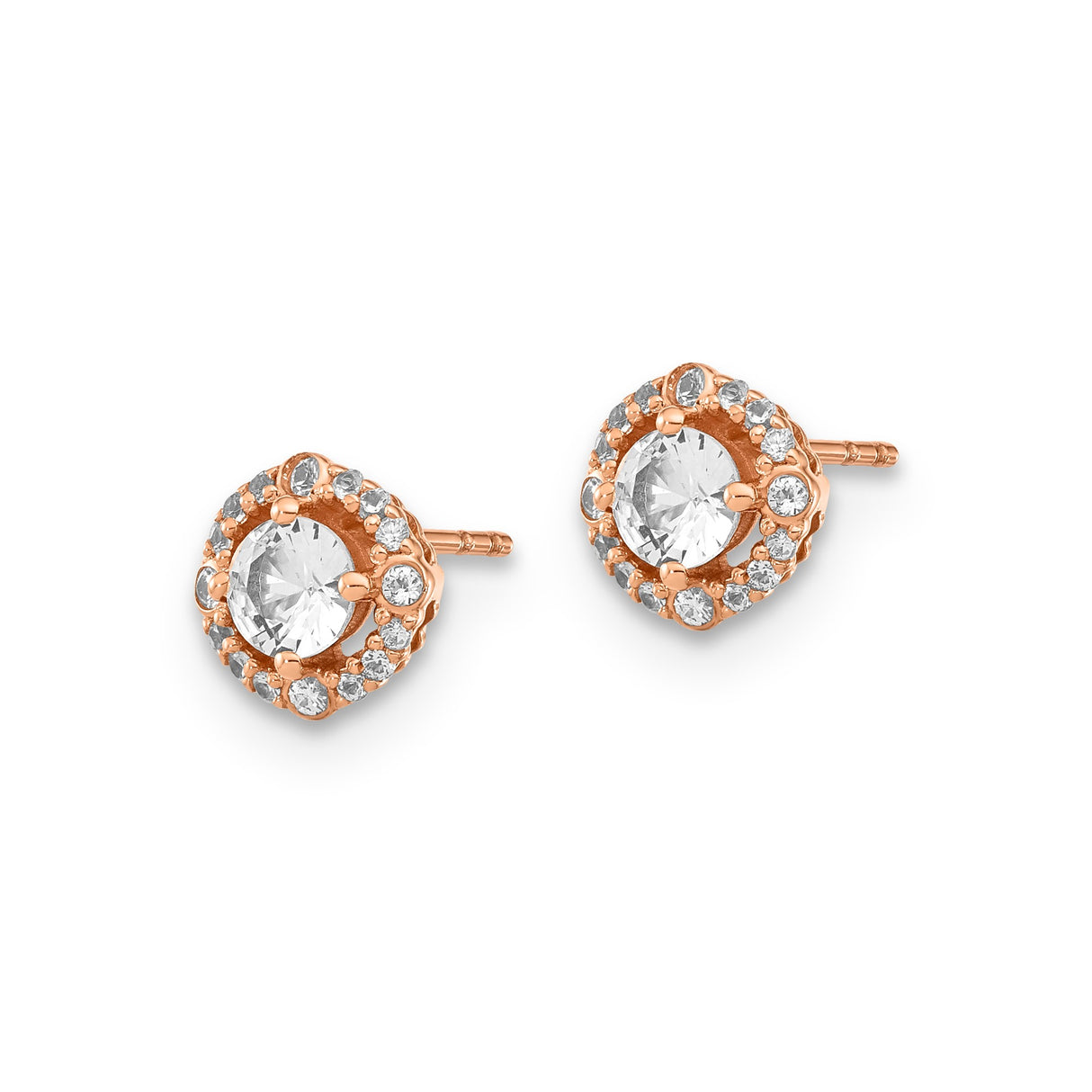 10k Rose Gold Stud Earrings with Round White Sapphire, Halo Setting, Minimalist Design