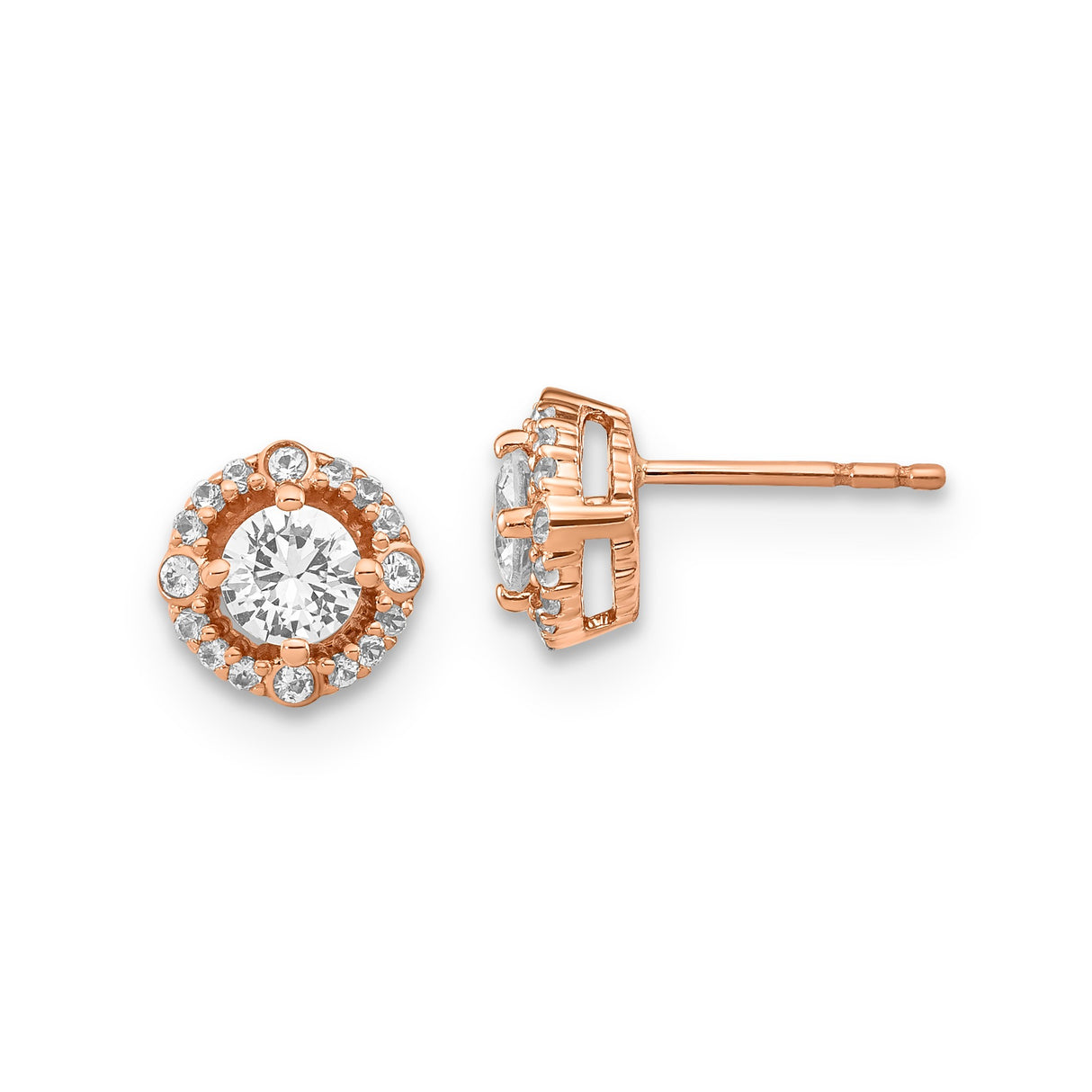 10k Rose Gold Stud Earrings with Round White Sapphire, Halo Setting, Minimalist Design