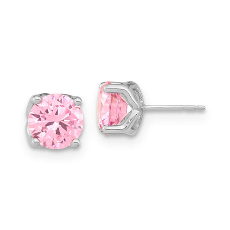 Sterling Silver Stud Earrings with Round Cut Pink Cubic Zirconia, Minimalist Design for Women