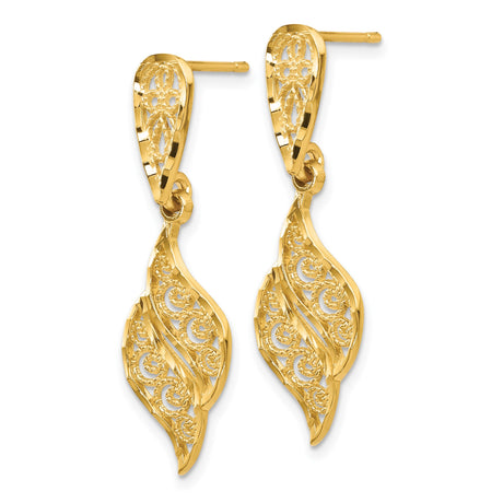14k Yellow Gold Dangle Earrings with Swirl Leaf Filigree Design, Vintage Inspired Drop Style