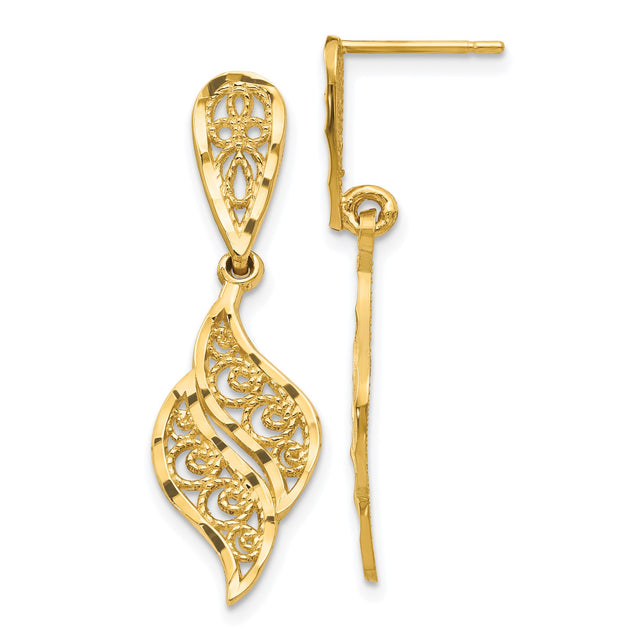 14k Yellow Gold Dangle Earrings with Swirl Leaf Filigree Design, Vintage Inspired Drop Style