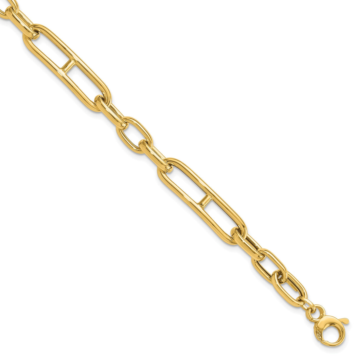 14K Yellow Gold 7.4 mm Paperclip Chain Bracelet, Polished detail view