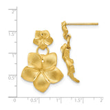 14k Yellow Gold Dangle Earrings with Double Plumeria Flower Design, Tropical Floral Style