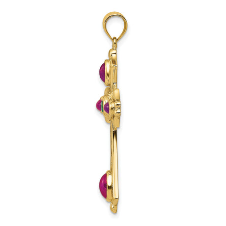14k Yellow Gold Celtic Cross Pendant with Ruby and Emerald Cabochon Gemstones