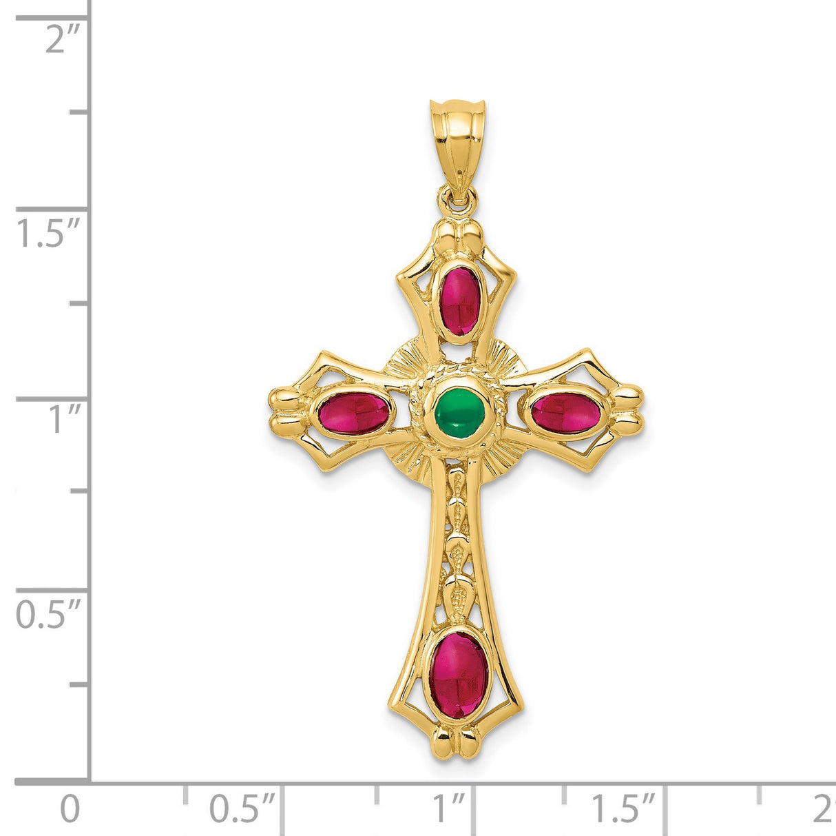 14k Yellow Gold Celtic Cross Pendant with Ruby and Emerald Cabochon Gemstones