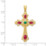 14k Yellow Gold Celtic Cross Pendant with Ruby and Emerald Cabochon Gemstones