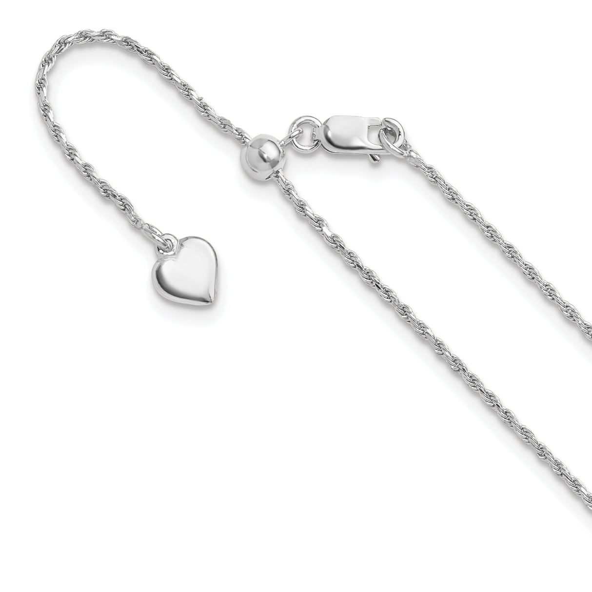 925 White Gold 1.2 mm Rope Chain Necklace, Polished detail view