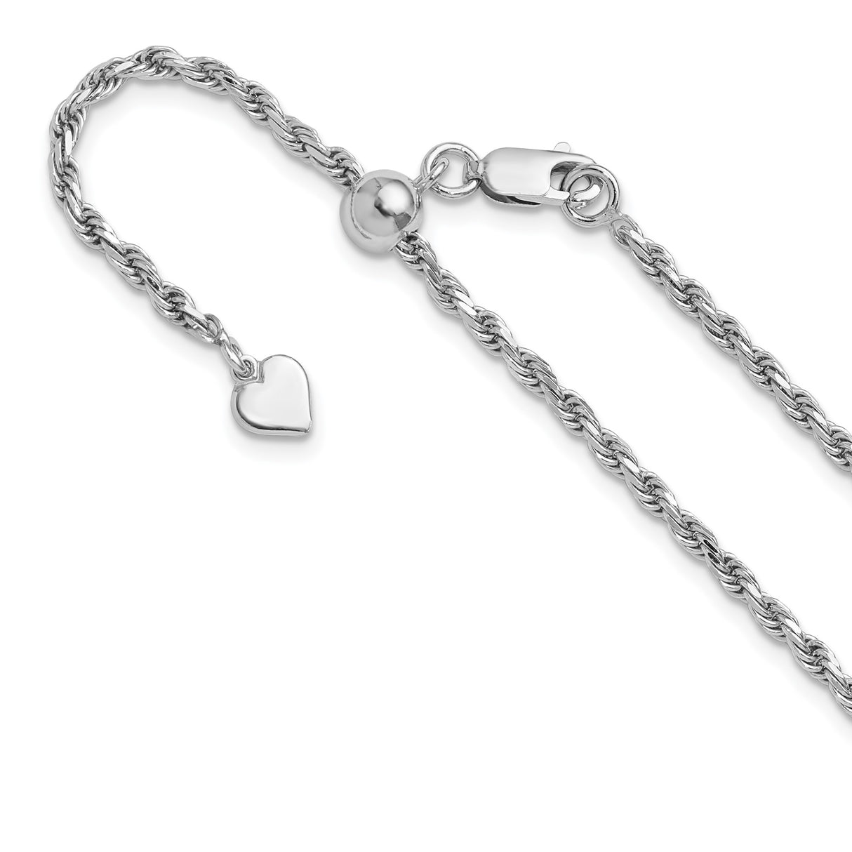 925 White Gold 2.25 mm Rope Chain Necklace, Polished detail view