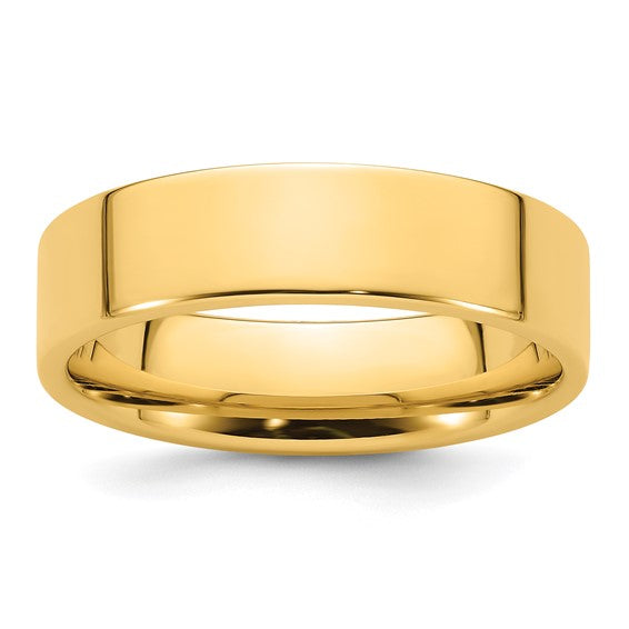 14k Yellow Gold Flat Wedding Band, Comfort Fit, Solid 6 mm Wide, High Polish
