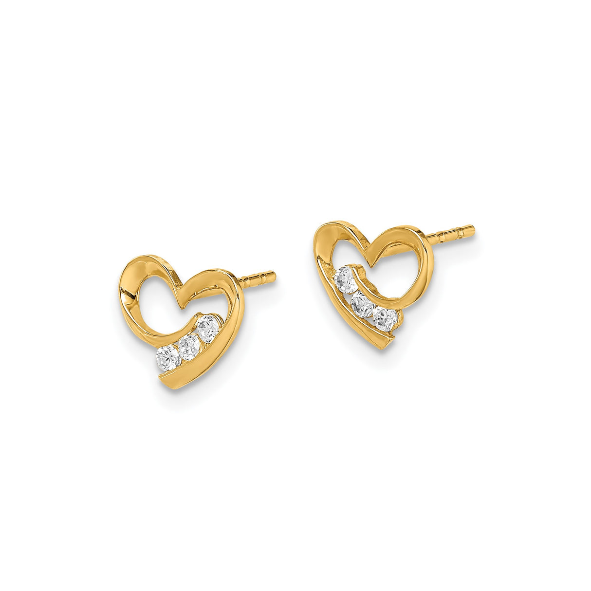 14k Yellow Gold Heart Stud Earrings with Three White Stones, Open Heart Design