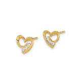 14k Yellow Gold Heart Stud Earrings with Three White Stones, Open Heart Design