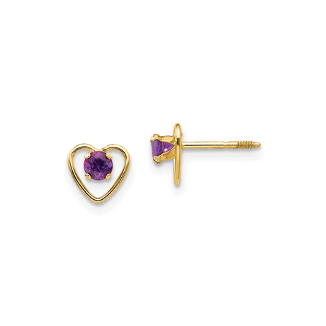 14k Yellow Gold Heart Stud Earrings with Amethyst Gemstone, Romantic Open Heart Design